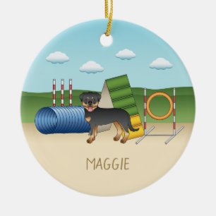 Black And Tan Rottweiler With Agility Equipment Ceramic Tree Decoration