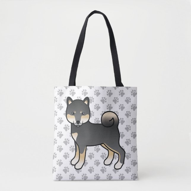 Black And Tan Shiba Inu Cartoon Dog & Paws Tote Bag (Front)