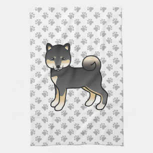 Black And Tan Shiba Inu Cute Dog With Paws Pattern Tea Towel