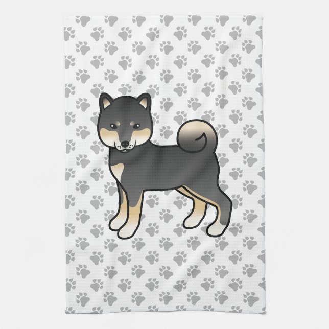 Black And Tan Shiba Inu Cute Dog With Paws Pattern Tea Towel (Vertical)