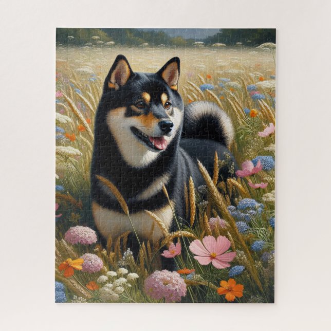 Black and Tan Shiba Inu Dog Wildflowers Field Jigsaw Puzzle (Vertical)