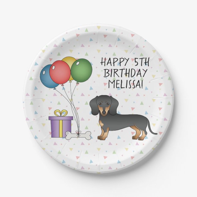 Black And Tan Short Hair Dachshund Happy Birthday Paper Plate (Front)
