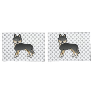 Black And Tan Siberian Husky Cartoon Dog & Paws Pillowcase