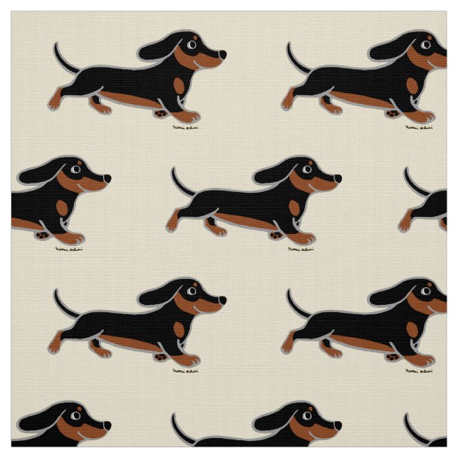 Black and Tan Smooth Dachshund Running Fabric (Swatch)