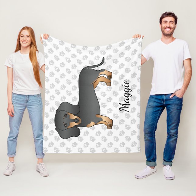 Black And Tan Smooth Hair Dachshund Dog & Name Fleece Blanket (In Situ)