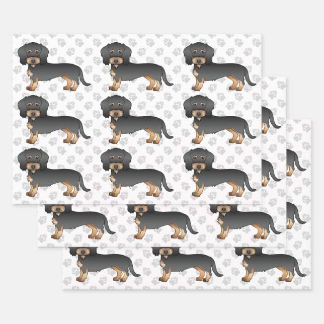 Black And Tan Wire Haired Dachshund Dog Pattern Wrapping Paper Sheet (Set)