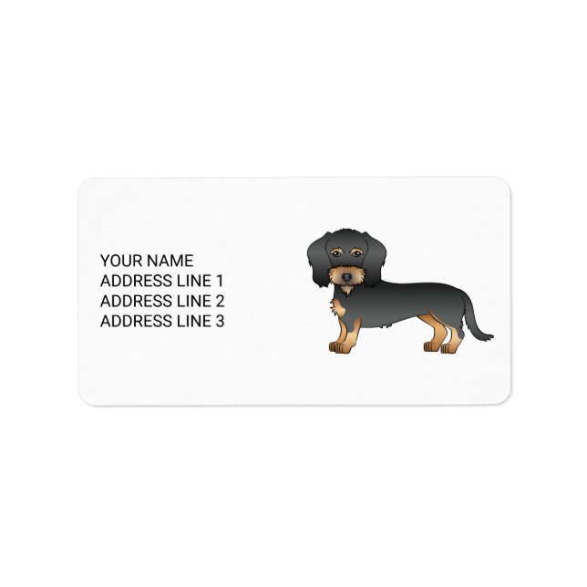 Black And Tan Wire Haired Dachshund Dog With Text Label (Front)