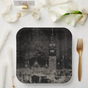 Black and Taupe Distressed Skyline Venice Italy Paper Plate