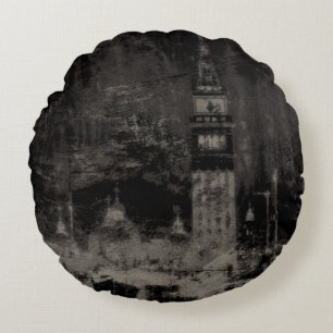 Black and Taupe Distressed Skyline Venice Italy Round Cushion