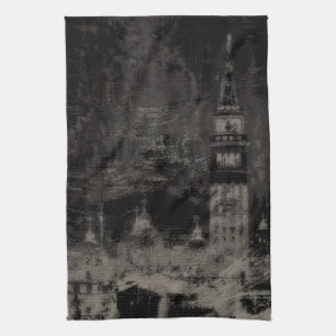 Black and Taupe Distressed Skyline Venice Italy Tea Towel