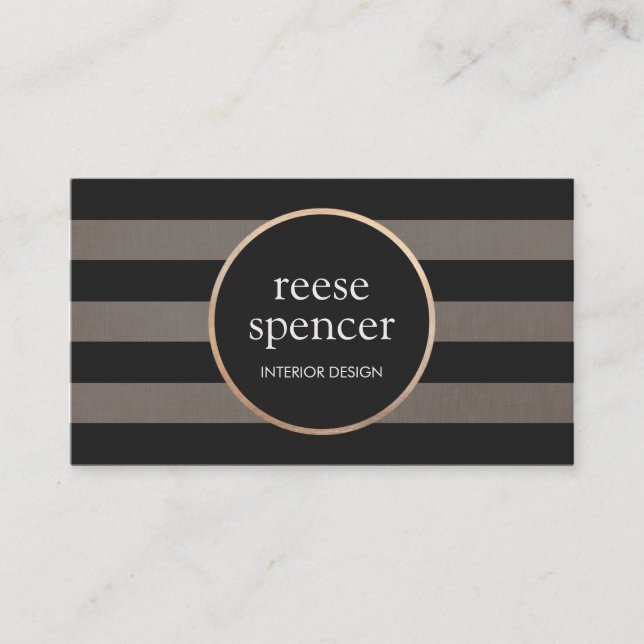 Black and Taupe Striped Pattern Chic Designer Business Card (Front)