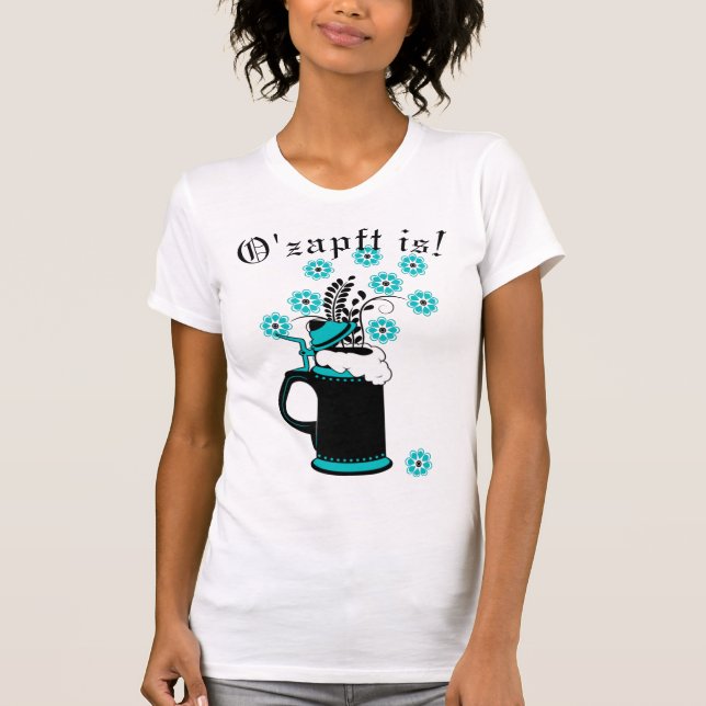 Black and Teal Beer Stein and Flowers Oktoberfest T-Shirt (Front)