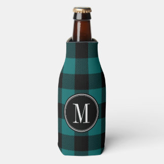 Black and Teal Buffalo Check Monogram Bottle Cooler