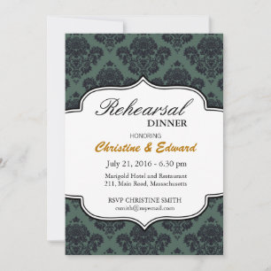 Black and Teal Damask Wedding Rehearsal Dinner Invitation
