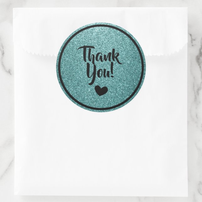 Black and Teal Faux Glitter Thank You Classic Round Sticker (Bag)