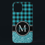 Black and Teal Glitter Buffalo Plaid Monogram iPhone 12 Case<br><div class="desc">Black, white and turquoise teal customisable monogrammed design. At the top is a customisable black lumberjack gingham or buffalo plaid style pattern. At the bottom there is a light teal glitter photo. The design is a photo, thus faux glitter texture. Create your own personalised monogram case. Try a different font...</div>