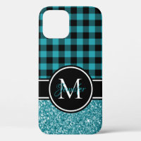 Black and Teal Glitter Buffalo Plaid Monogram