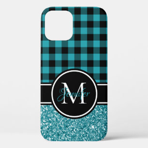 Black and Teal Glitter Buffalo Plaid Monogram iPhone 12 Case