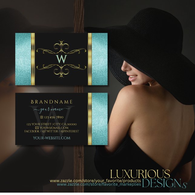 Black and Teal Glitter Gold Decor Border Monogram Business Card (Creator Uploaded)