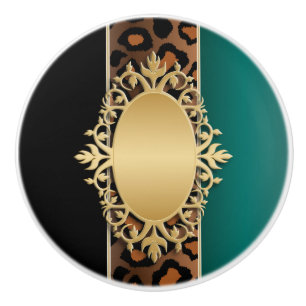 Black and Teal Jaguar Animal Print Ceramic Knob