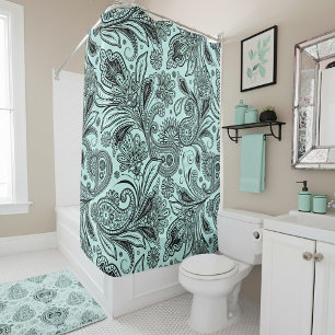 Black and teal paisley shower curtain