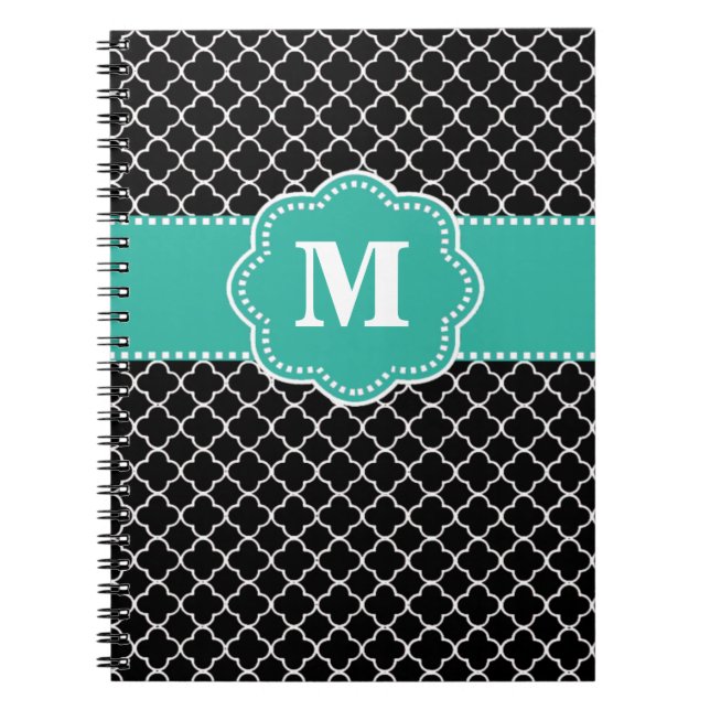 Black and Teal Quatrefoil Monoagram Notebook (Front)