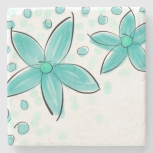 Black and Teal Watercolor Flower Polka Dot Sketch Stone Coaster