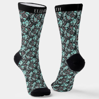 Black and Turquoise Blue Colour Paisley Pattern Socks