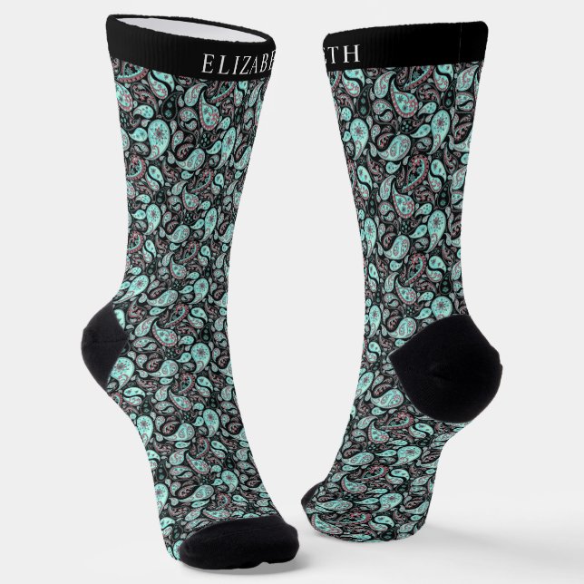 Black and Turquoise Blue Colour Paisley Pattern Socks (Angled)