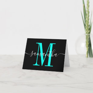 Black and Turquoise Blue Signature Monogram Photo Thank You Card
