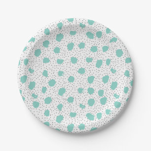 Black and Turquoise Brush Dots Abstract Pattern Paper Plate
