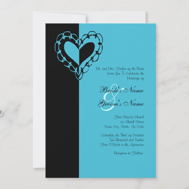 Black and Turquoise Heart Wedding Invitation (Front)