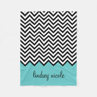 Black and Turquoise Modern Chevron Custom Monogram Fleece Blanket