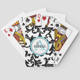 Black and Turquoise Monogrammed Damask Print Playing Cards