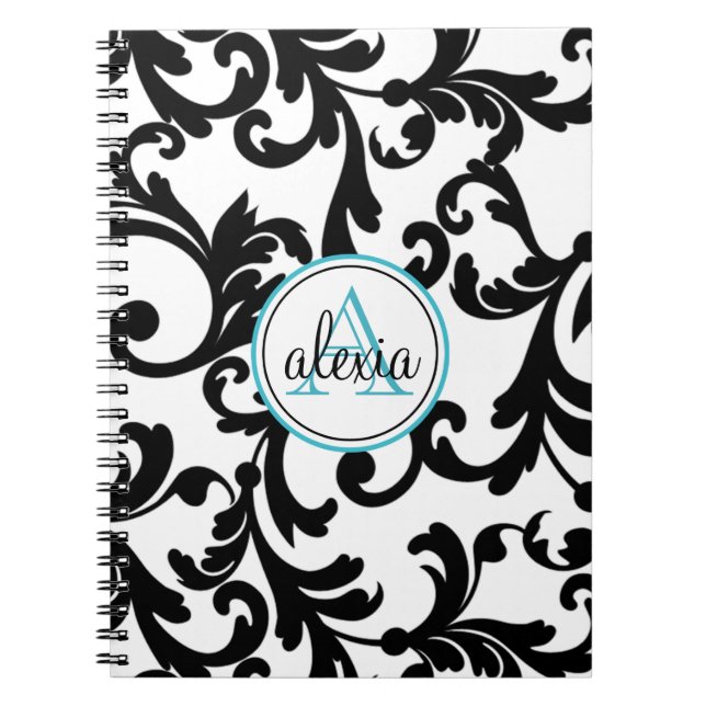 Black and Turquoise Monogrammed Damask Print Spiral Notebook (Front)