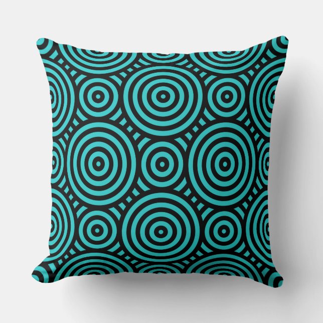 Black and Turquoise Nested Circular Pattern Cushion (Front)