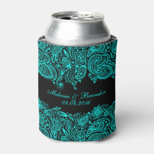 Black And Turquoise Paisley Lace Can Cooler