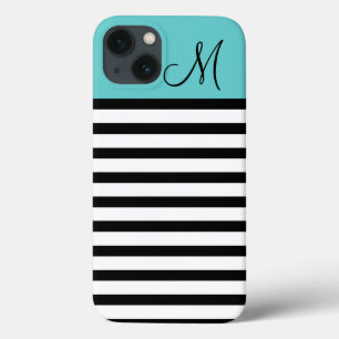 Black and Turquoise Preppy Stripes Custom Monogram iPhone 13 Case