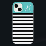 Black and Turquoise Preppy Stripes Custom Monogram Case-Mate iPhone 14 Case<br><div class="desc">Cute Modern Girly Trendy Chic Stylish Design with Preppy Horizontal Stripes and Solid Colour Block with Custom Personalised Monogram Initial Letter</div>