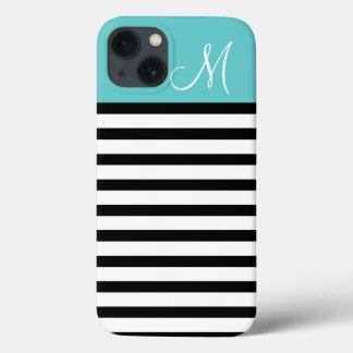 Black and Turquoise Preppy Stripes Custom Monogram iPhone 13 Case