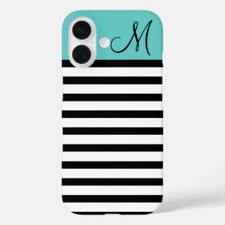 Black and Turquoise Preppy Stripes Custom Monogram iPhone 16 Case