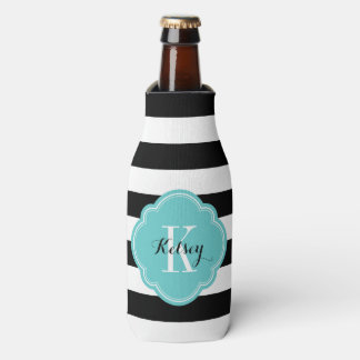 Black and Turquoise Preppy Stripes Monogram Bottle Cooler