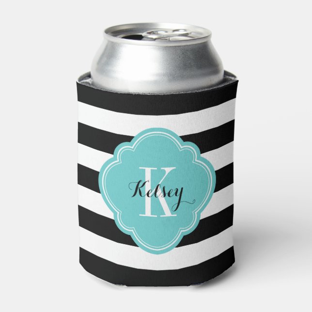 Black and Turquoise Preppy Stripes Monogram Can Cooler (Can Front)