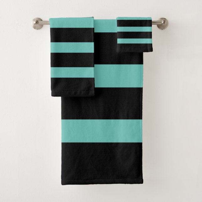 Black and turquoise stripes pattern bath towel set (Insitu)