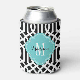 Black and Turquoise Trellis Monogram Can Cooler