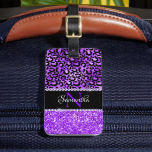 Black and Violet Leopard Spots Glam Monogram Luggage Tag