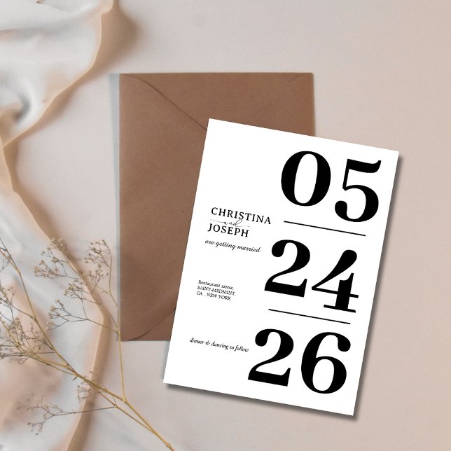 Black and whit Modern Minimalist Bold Date Wedding Invitation (Creator Uploaded)