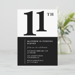 Black and White 11th birthday invitation Simple