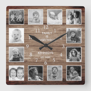 Black And White 12 Photo Collage Family Quote Wood Square Wall Clock