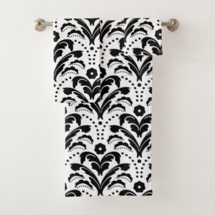 Black and White 1930s Damask Bath Towel Set